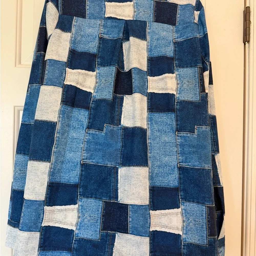 Blue and White Patchwork denim look top long sleeve button down - Picture 5 of 5